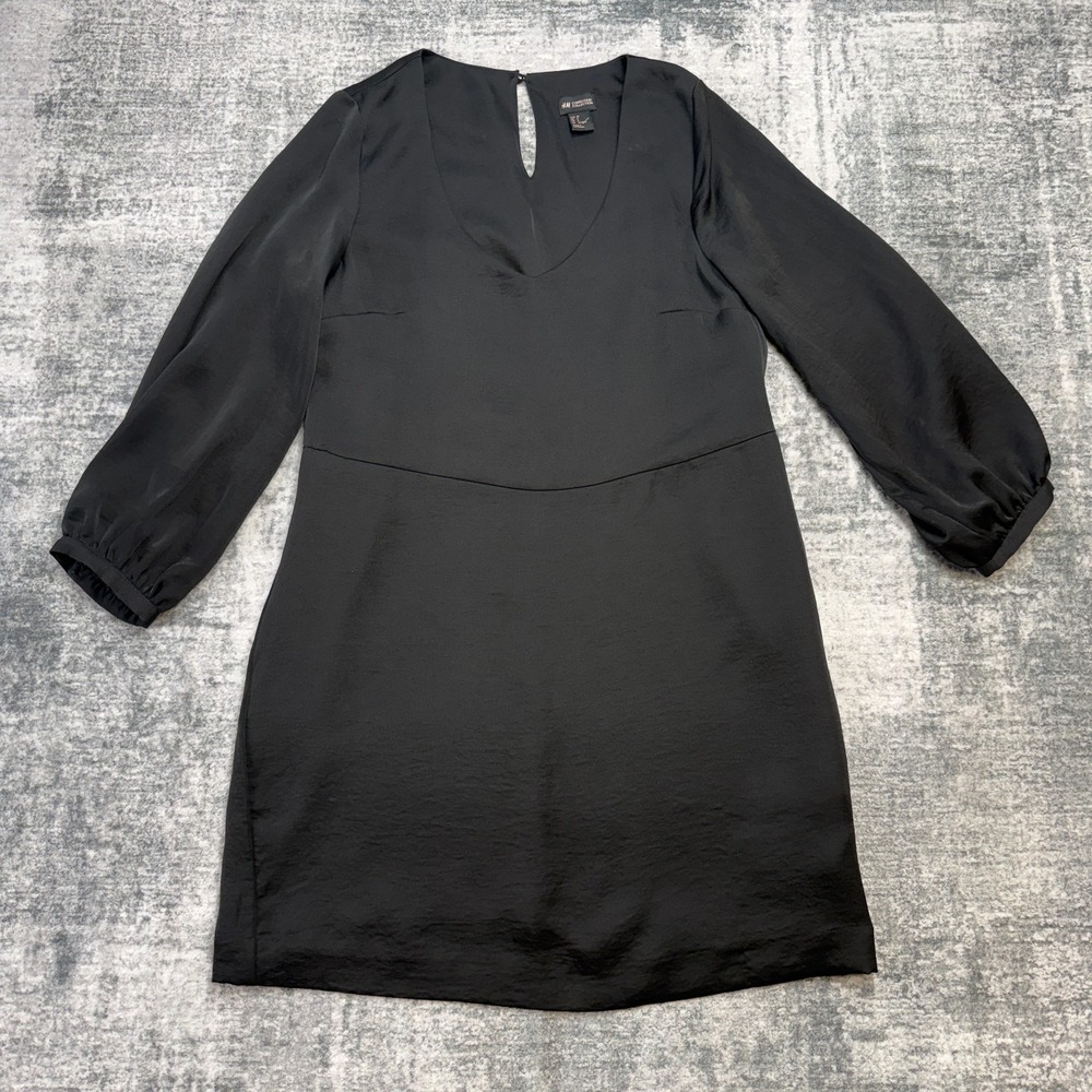 H&M Mini Dress Women 8 Black Satin Crepe V-Neck Keyhole Back LBD Cocktail Party